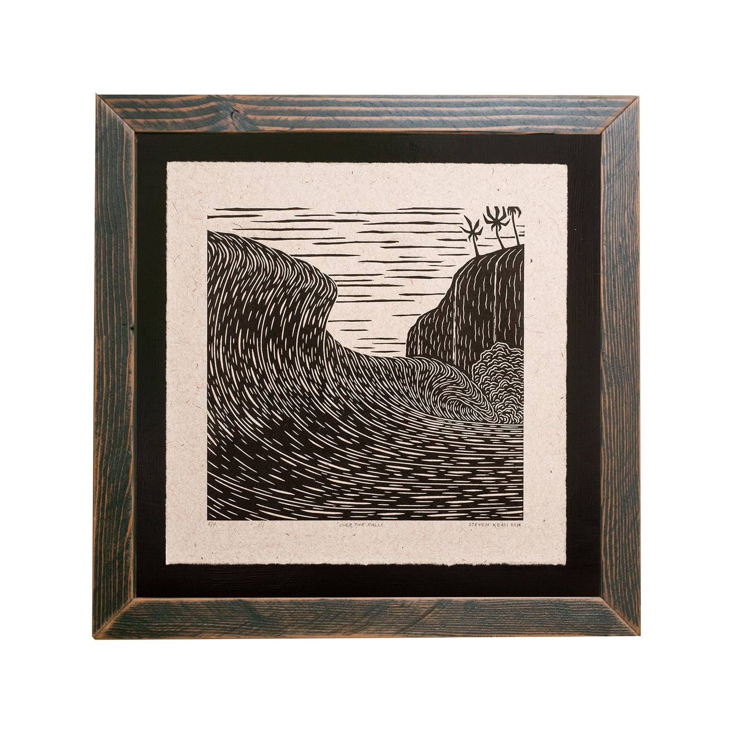 modern, surf art, woodblock print, wooden frame, original, Steven Kean, black and white, palm trees, north shore, oahu, hawaii, washi paper