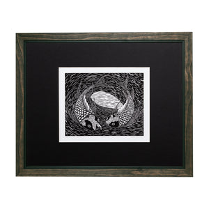 modern, art, woodblock print, wooden frame, original, Steven Kean, koi fish, north shore, oahu, hawaii, black and white