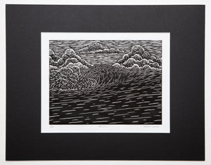 modern, surf art, woodblock print, original, Steven Kean, surfer, north shore, oahu, hawaii, black and white